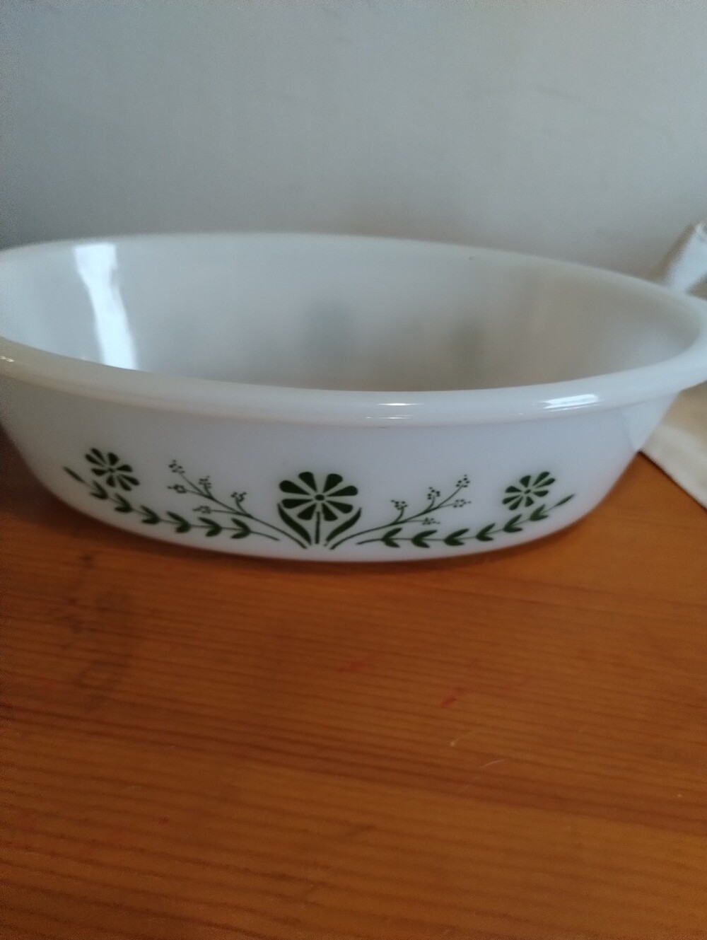 Glasbake White Casserole with Green Floral Border